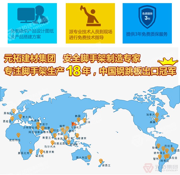 元拓建材集團(tuán)，安全腳手架制造專家！專注腳手架生產(chǎn)18年，中國鋼跳板出口冠軍！